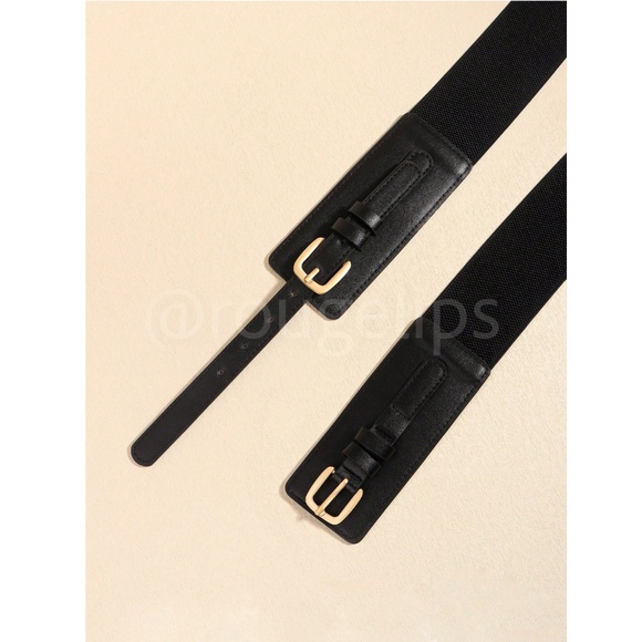 Vegan Faux Leather PU Black Belt Stretchy Back Yellow Gold Tone Buckle - Picture 6 of 9